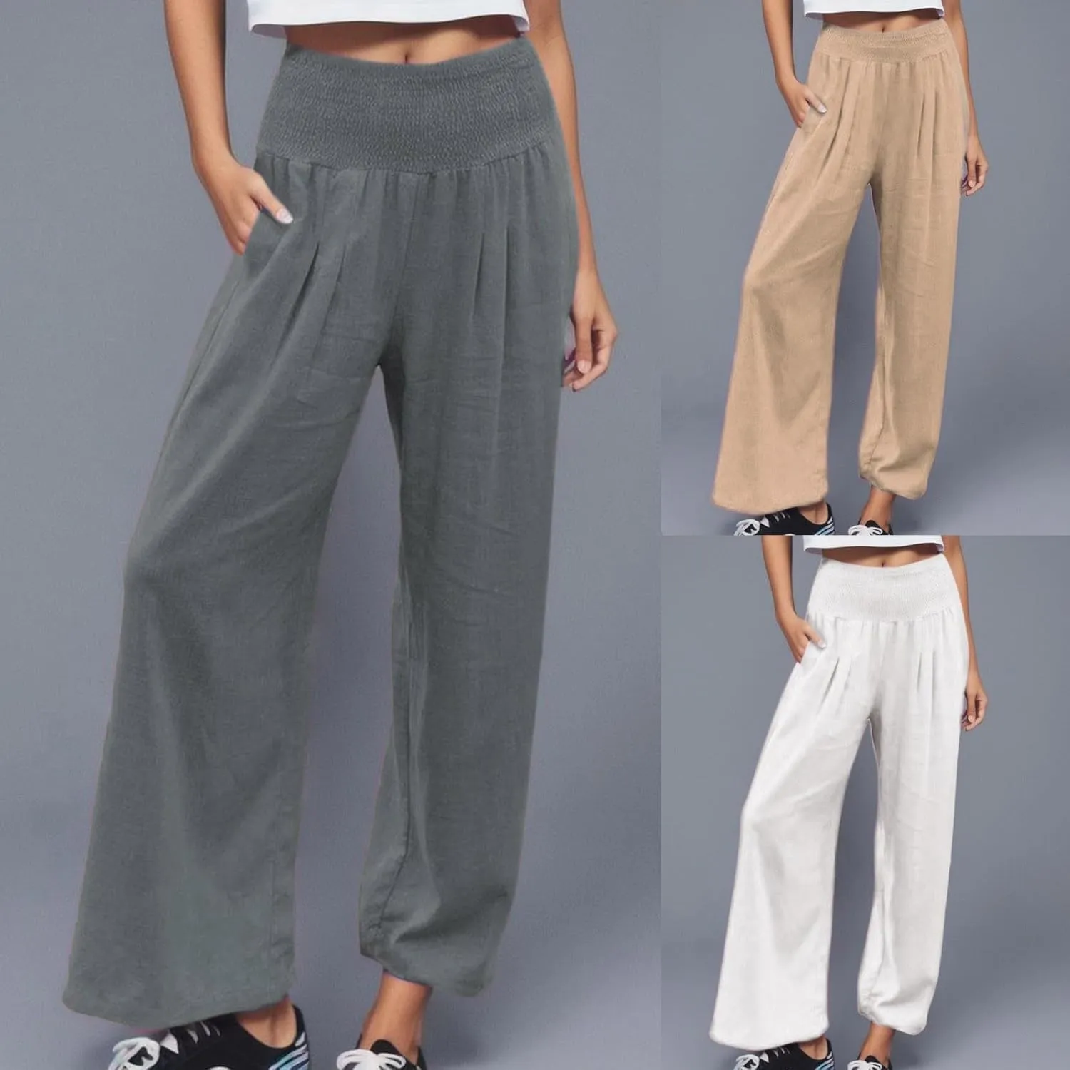 GIERIDUC Women Linen Pants 2025 Summer Casual Loose Wide Leg Palazzo Pant Smocked High Waist Flowy Beach Trousers Resort Wear