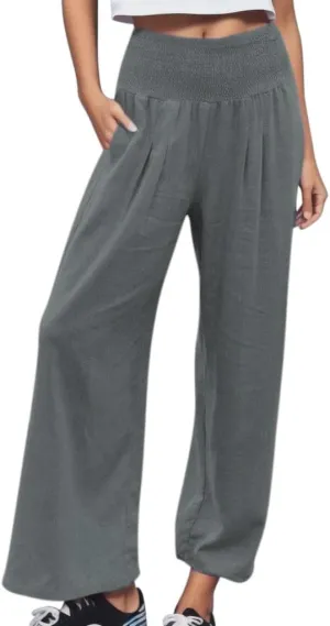 GIERIDUC Women Linen Pants 2025 Summer Casual Loose Wide Leg Palazzo Pant Smocked High Waist Flowy Beach Trousers Resort Wear