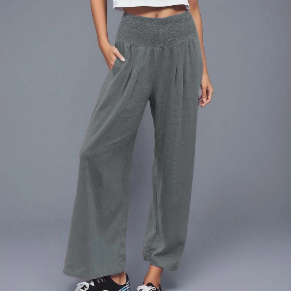 GIERIDUC Women Linen Pants 2025 Summer Casual Loose Wide Leg Palazzo Pant Smocked High Waist Flowy Beach Trousers Resort Wear
