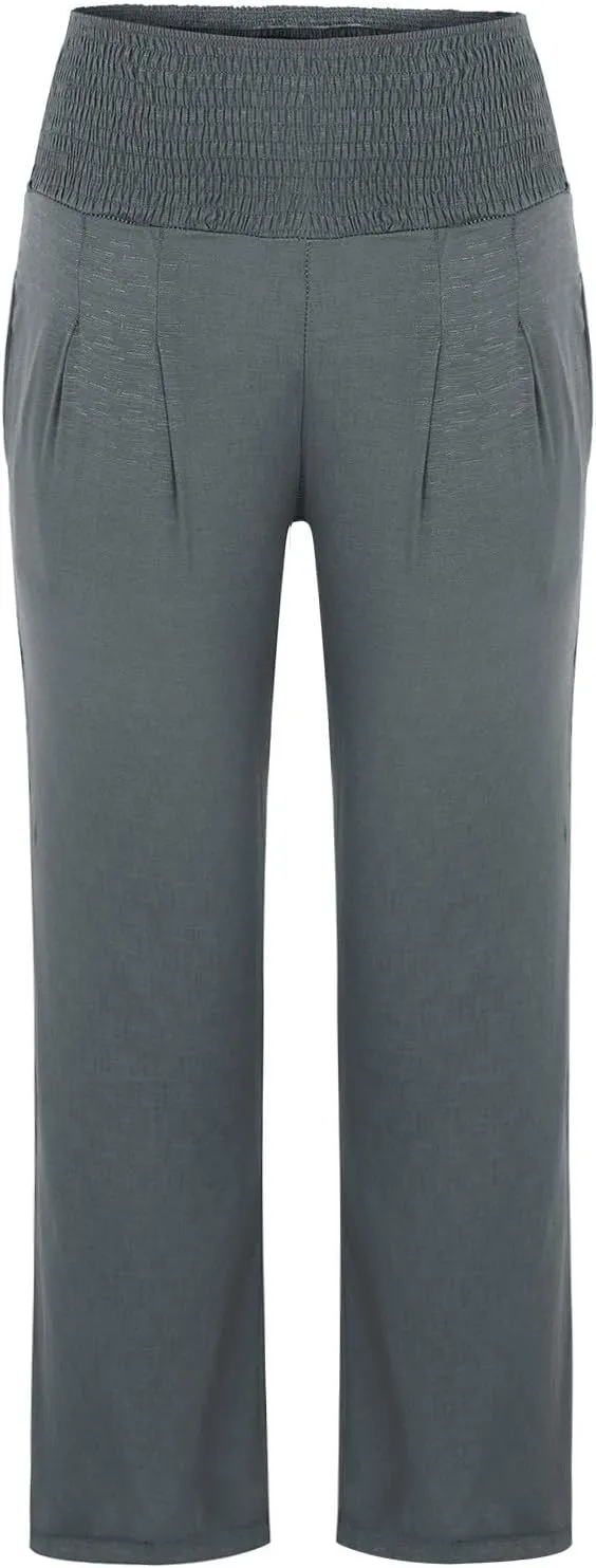 GIERIDUC Women Linen Pants 2025 Summer Casual Loose Wide Leg Palazzo Pant Smocked High Waist Flowy Beach Trousers Resort Wear