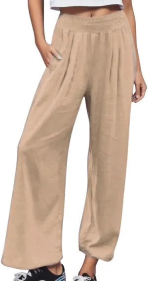 GIERIDUC Women Linen Pants 2025 Summer Casual Loose Wide Leg Palazzo Pant Smocked High Waist Flowy Beach Trousers Resort Wear