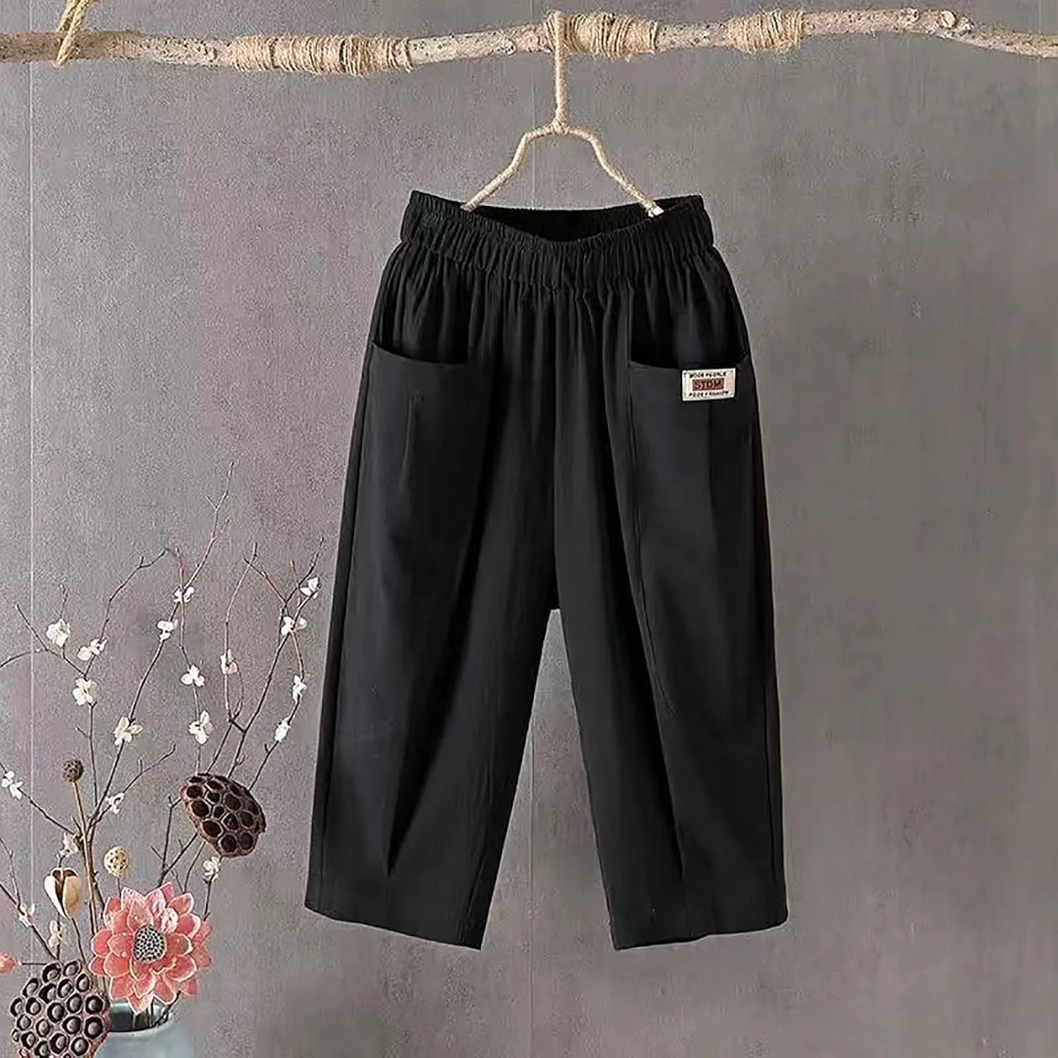 GIERIDUC Womens Baggy Wide Leg Pants Casual Linen Cropped Pant Elastic Waist Palazzo Harem Trousers with Pockets Comfy Capris