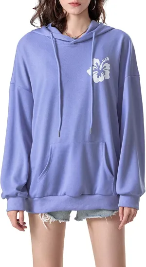 Graphic Hoodies Teen Girl Women Cute Floral Long Sleeve Preppy Oversized Hooded Sweatshirt Vintage Sweater Streewear