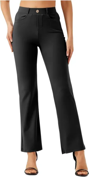 High Waist Work Pants for Women Casual Straight Leg Trousers Stretch Waist Basic Solid Color Office Dress Pants