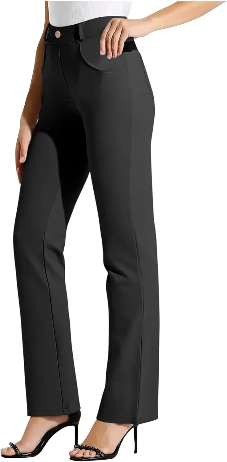 High Waist Work Pants for Women Casual Straight Leg Trousers Stretch Waist Basic Solid Color Office Dress Pants