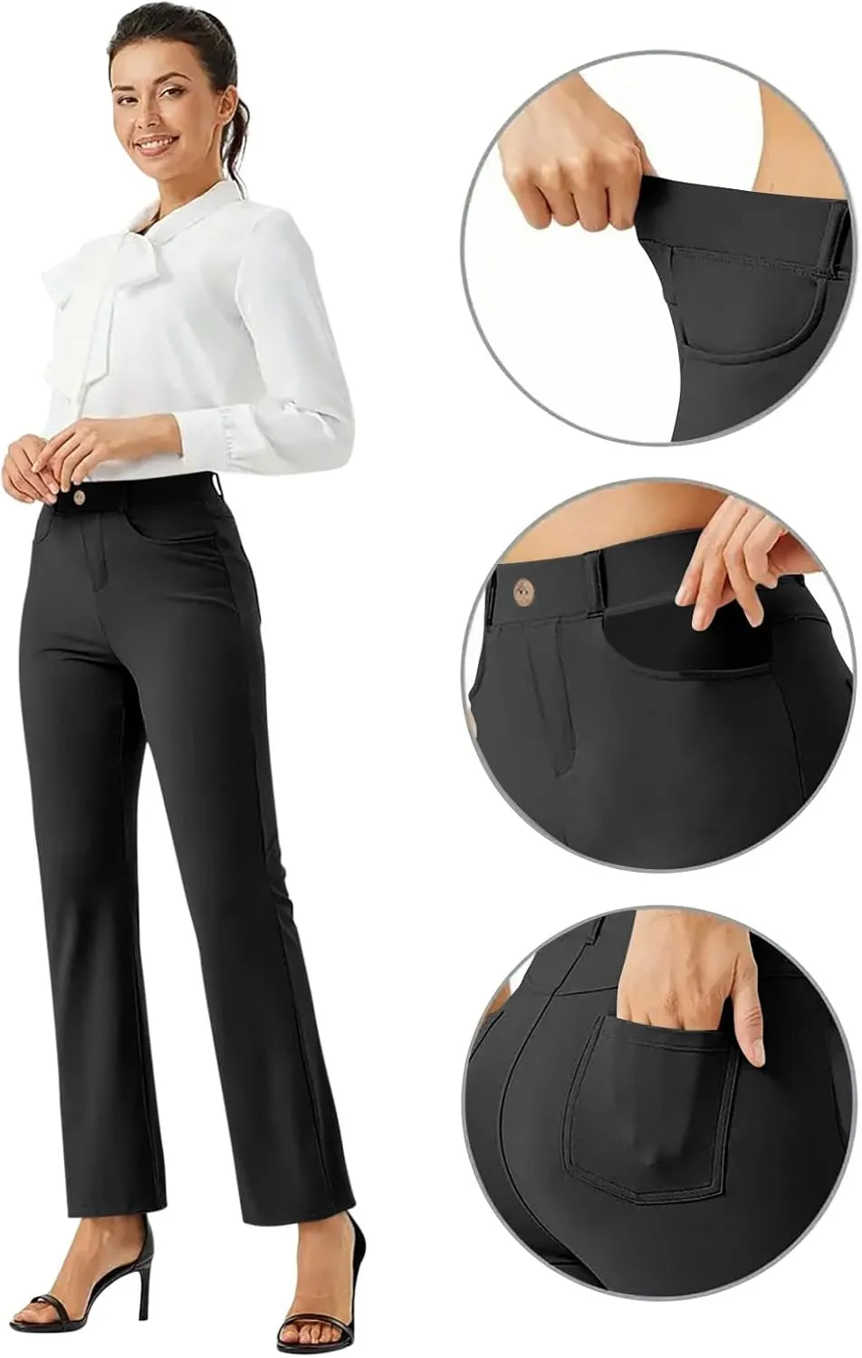 High Waist Work Pants for Women Casual Straight Leg Trousers Stretch Waist Basic Solid Color Office Dress Pants