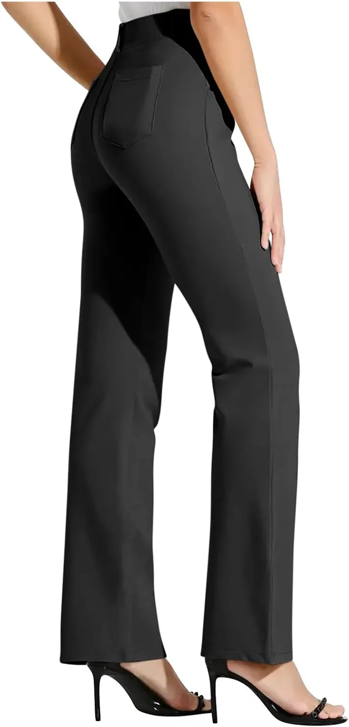 High Waist Work Pants for Women Casual Straight Leg Trousers Stretch Waist Basic Solid Color Office Dress Pants