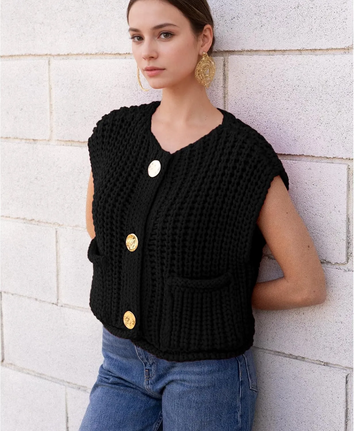 Hixiaohe Womens Crochet Chunky Knit Top Sleeveless Button Down Crop Tops Trendy Cardigan Sweater Vest for Women with Pockets