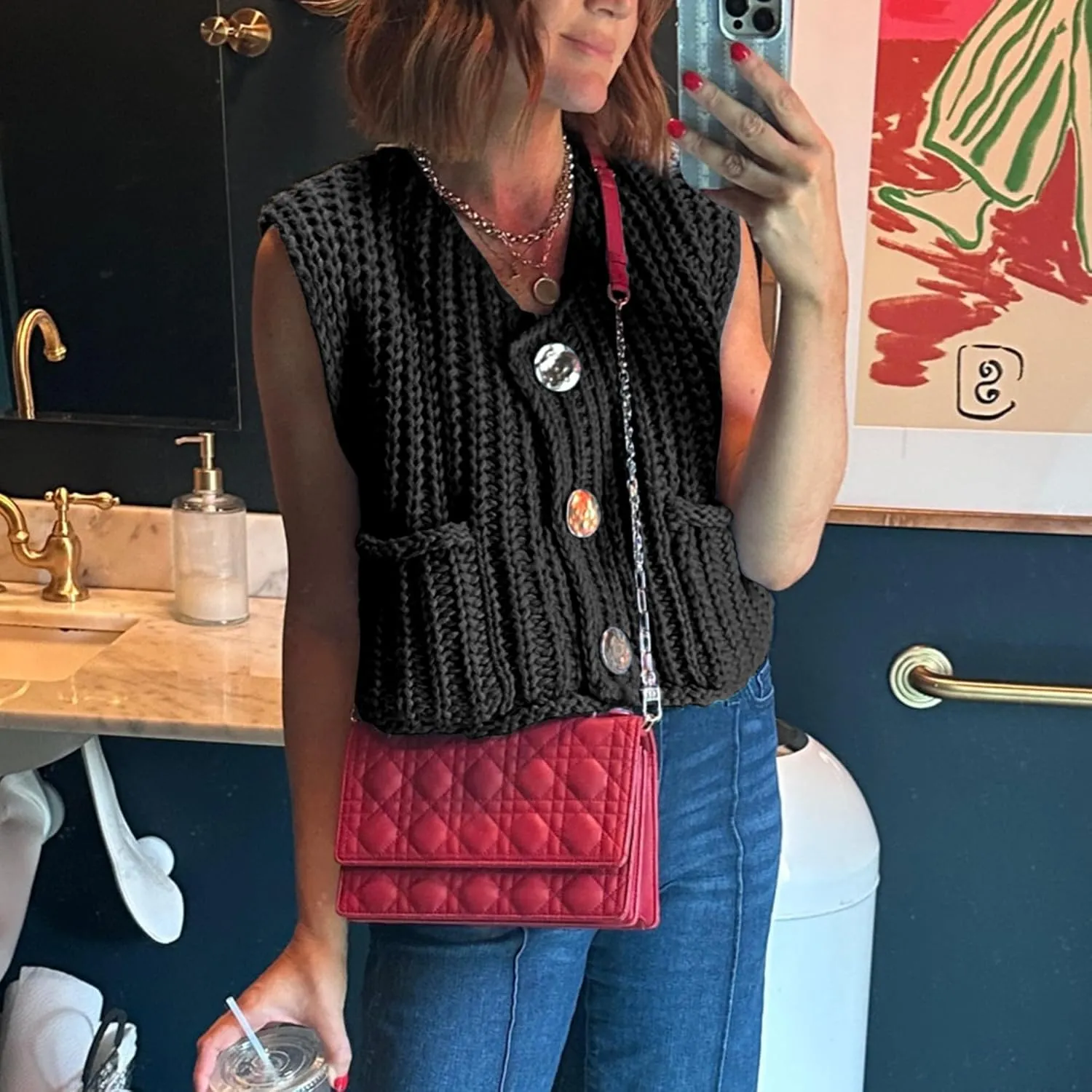 Hixiaohe Womens Crochet Chunky Knit Top Sleeveless Button Down Crop Tops Trendy Cardigan Sweater Vest for Women with Pockets