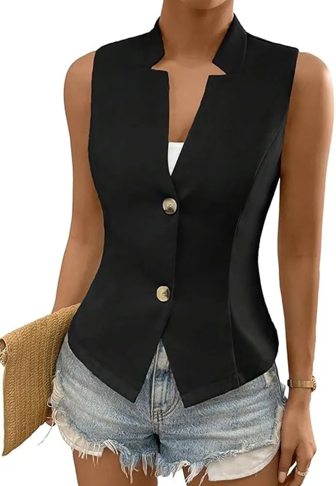IDEALSANXUN Womens Suit Vest Spring Summer V Neck Sleeveless Blazer Jackets Waistcoat Cardigan Vest tops