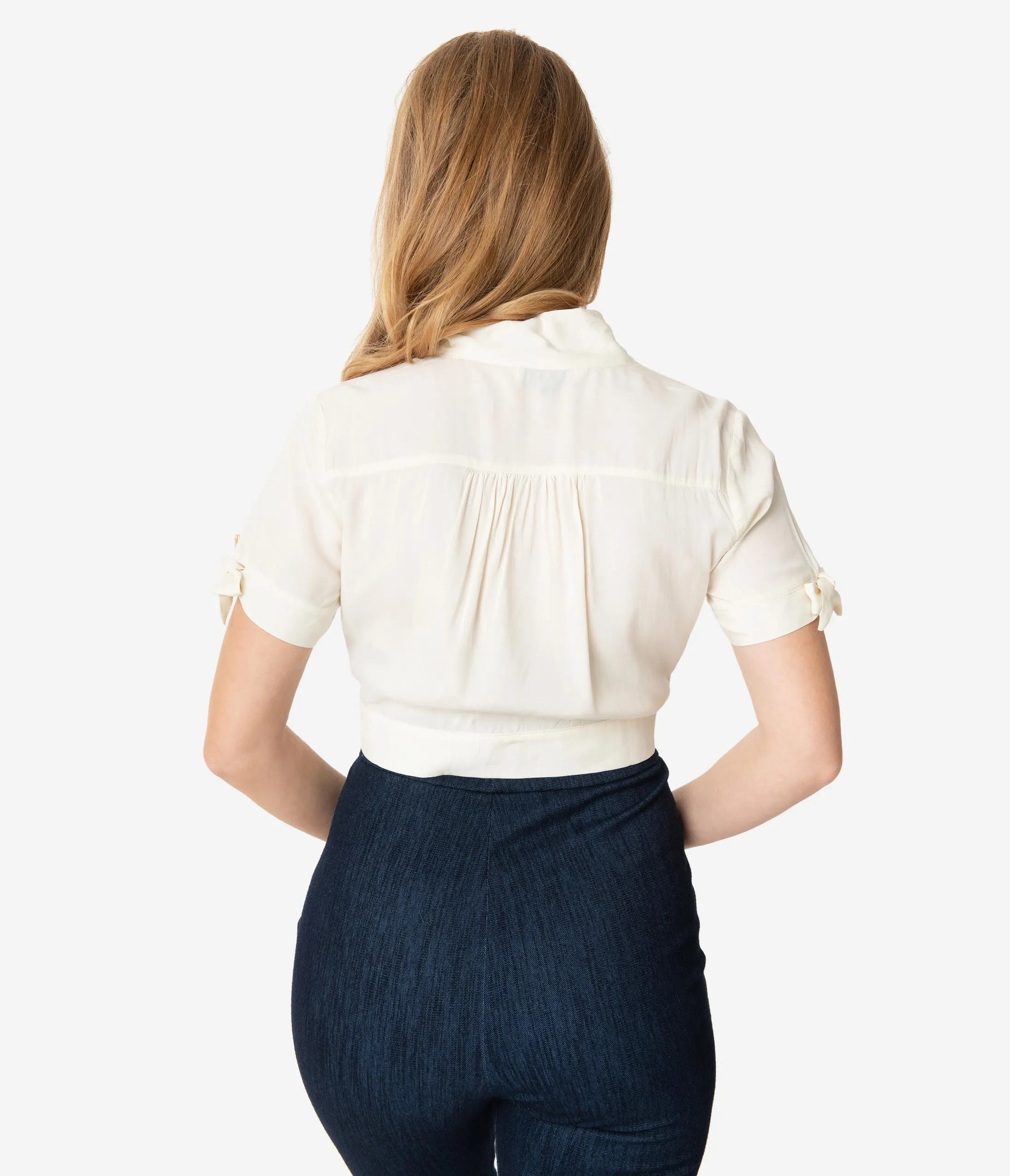Ivory Short Sleeve Neck Tie Crop Blouse