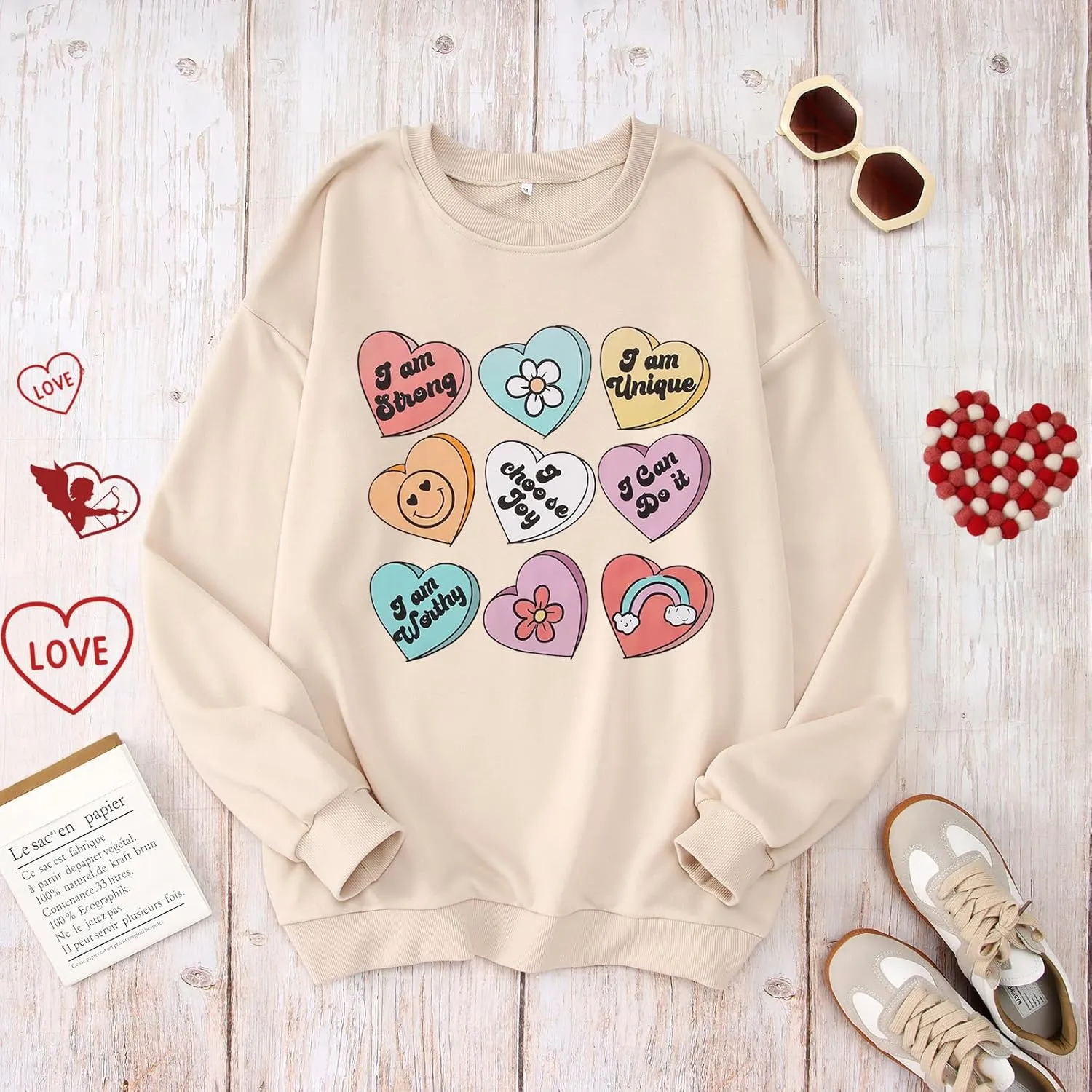 IZYJOY Women Valentine's Day Sweatshirt Teacher Positive Affirmations Heart Pullover Top Candy Hearts Graphic Crewneck Shirts
