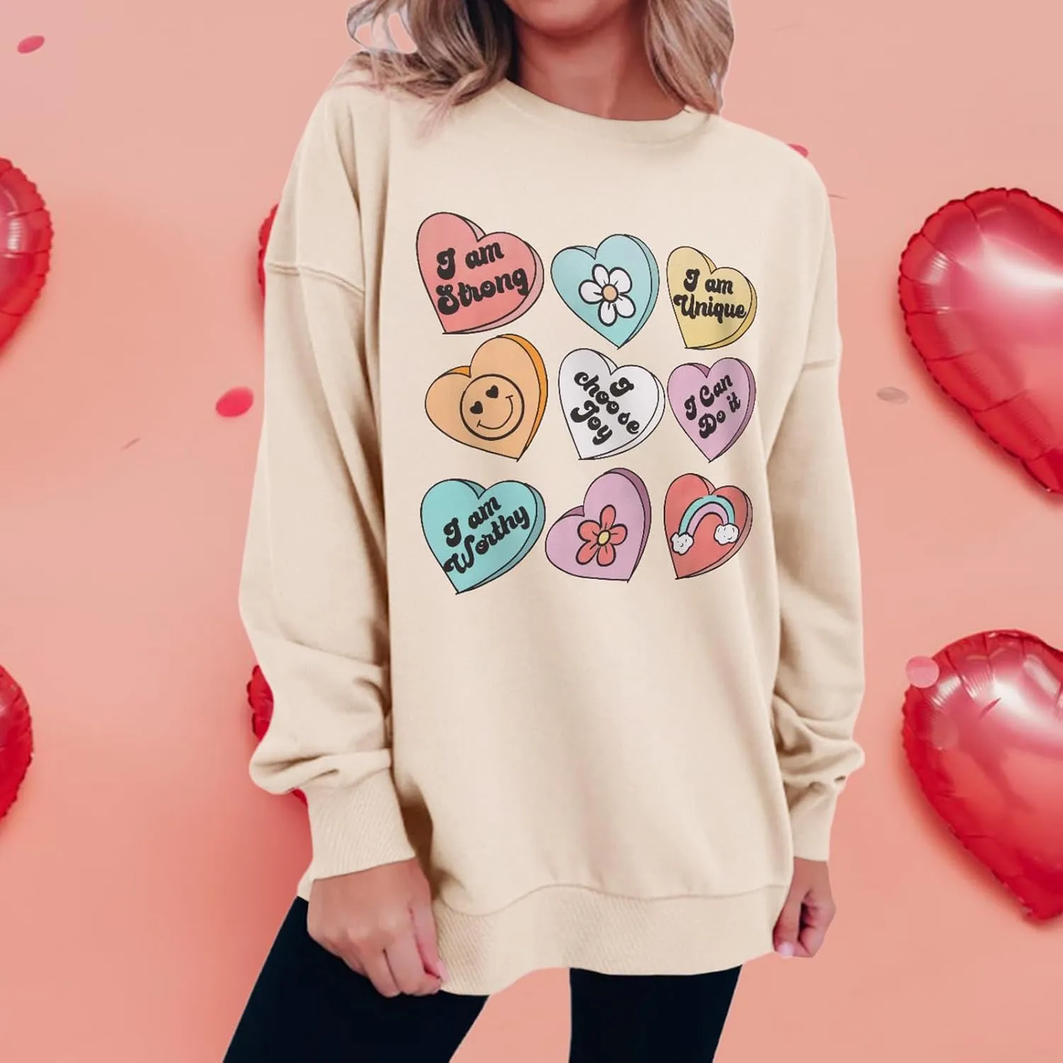 IZYJOY Women Valentine's Day Sweatshirt Teacher Positive Affirmations Heart Pullover Top Candy Hearts Graphic Crewneck Shirts