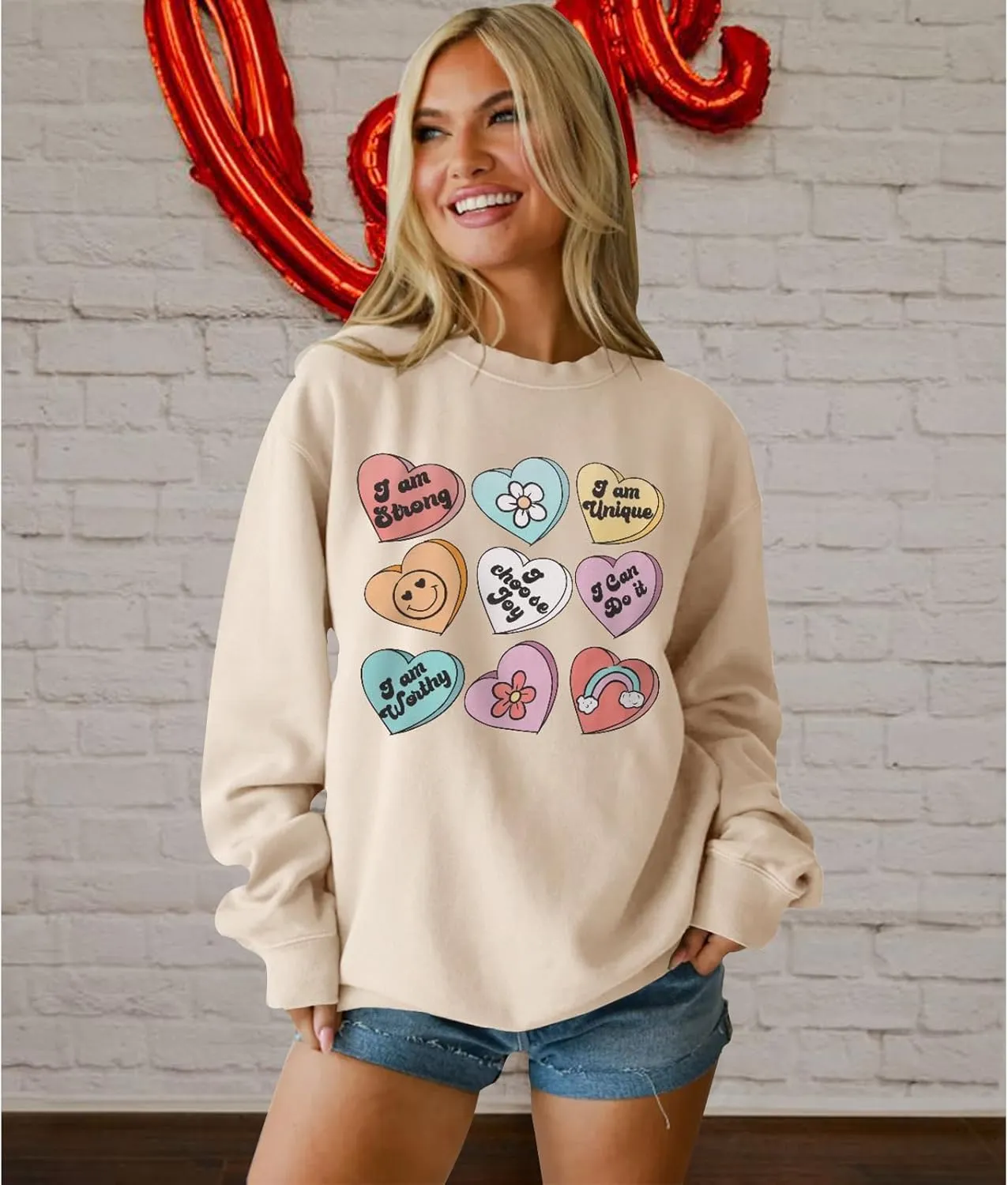 IZYJOY Women Valentine's Day Sweatshirt Teacher Positive Affirmations Heart Pullover Top Candy Hearts Graphic Crewneck Shirts