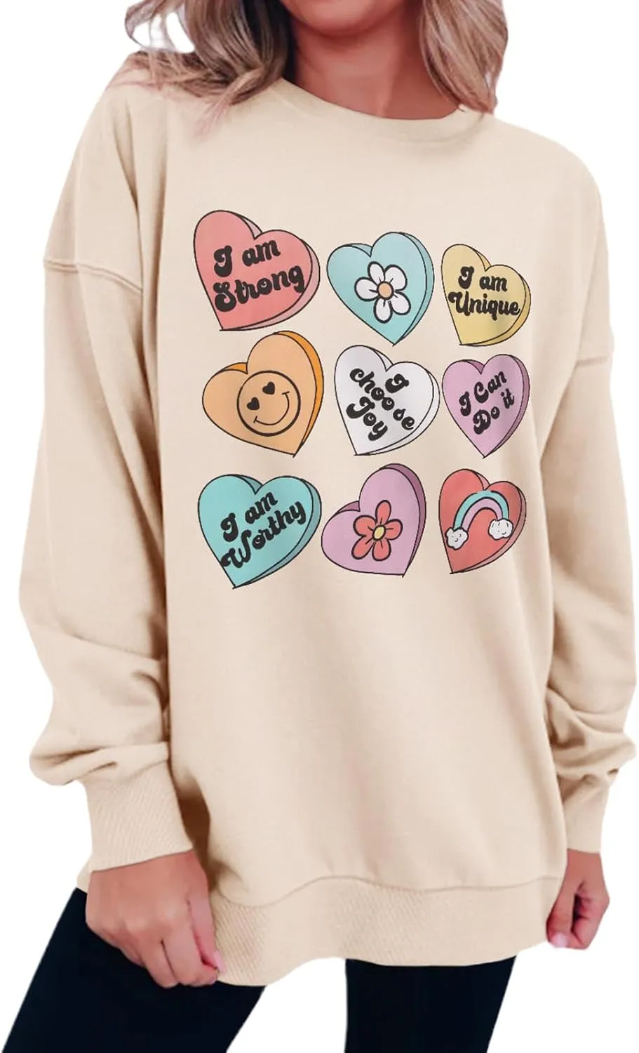IZYJOY Women Valentine's Day Sweatshirt Teacher Positive Affirmations Heart Pullover Top Candy Hearts Graphic Crewneck Shirts