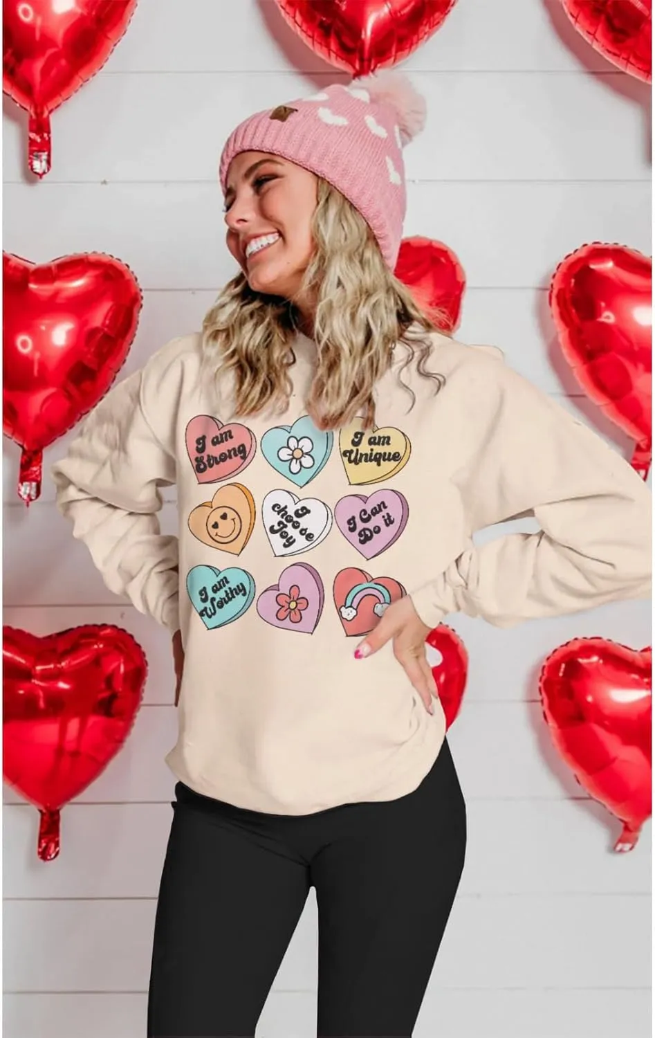 IZYJOY Women Valentine's Day Sweatshirt Teacher Positive Affirmations Heart Pullover Top Candy Hearts Graphic Crewneck Shirts