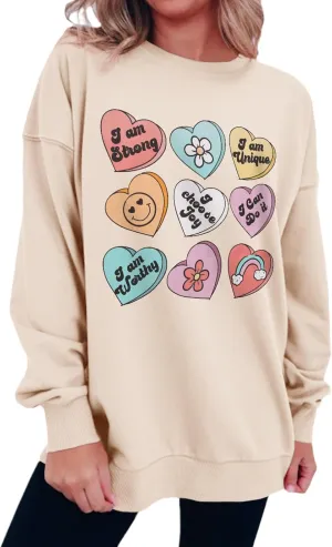 IZYJOY Women Valentine's Day Sweatshirt Teacher Positive Affirmations Heart Pullover Top Candy Hearts Graphic Crewneck Shirts