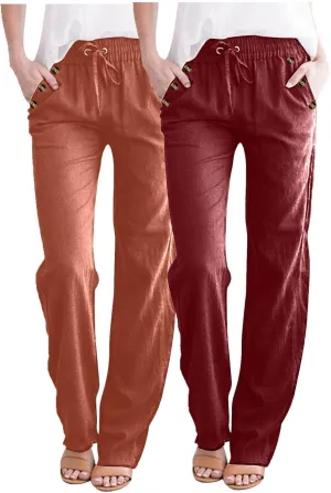 Lmdudan 2 Pc Linen Pants Women Cotton Linen Straight Leg Lightweight Pants 2025 Summer Beach Pants Women's Loose Fit Trousers