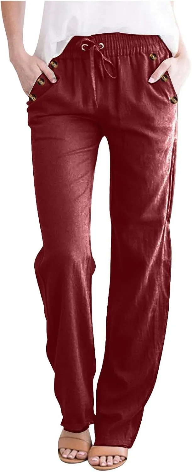 Lmdudan 2 Pc Linen Pants Women Cotton Linen Straight Leg Lightweight Pants 2025 Summer Beach Pants Women's Loose Fit Trousers