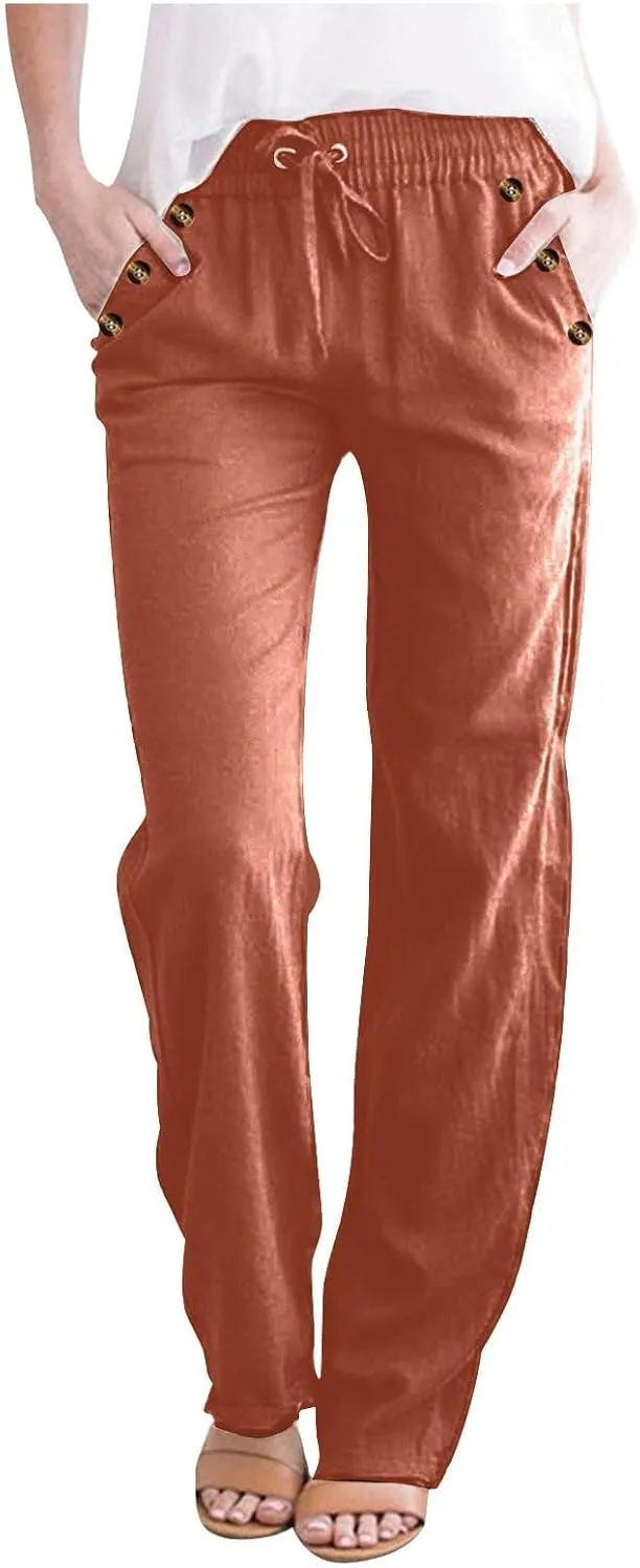 Lmdudan 2 Pc Linen Pants Women Cotton Linen Straight Leg Lightweight Pants 2025 Summer Beach Pants Women's Loose Fit Trousers
