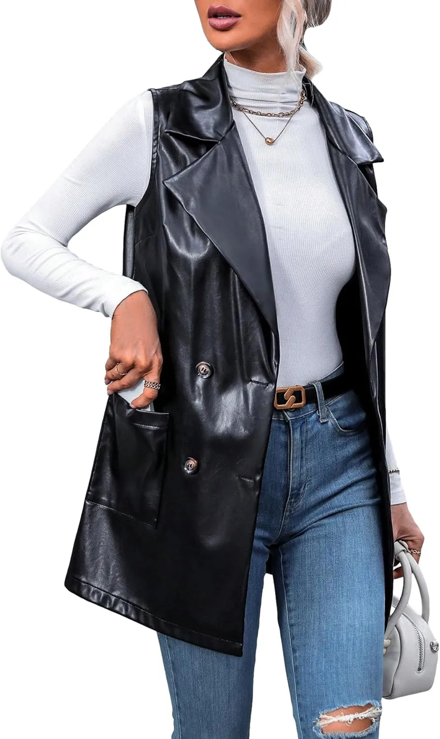 MakeMeChic Women's Faux Leather Vest Trendy Button Front Sleeveless Long Vest Blazer Jacket Coat