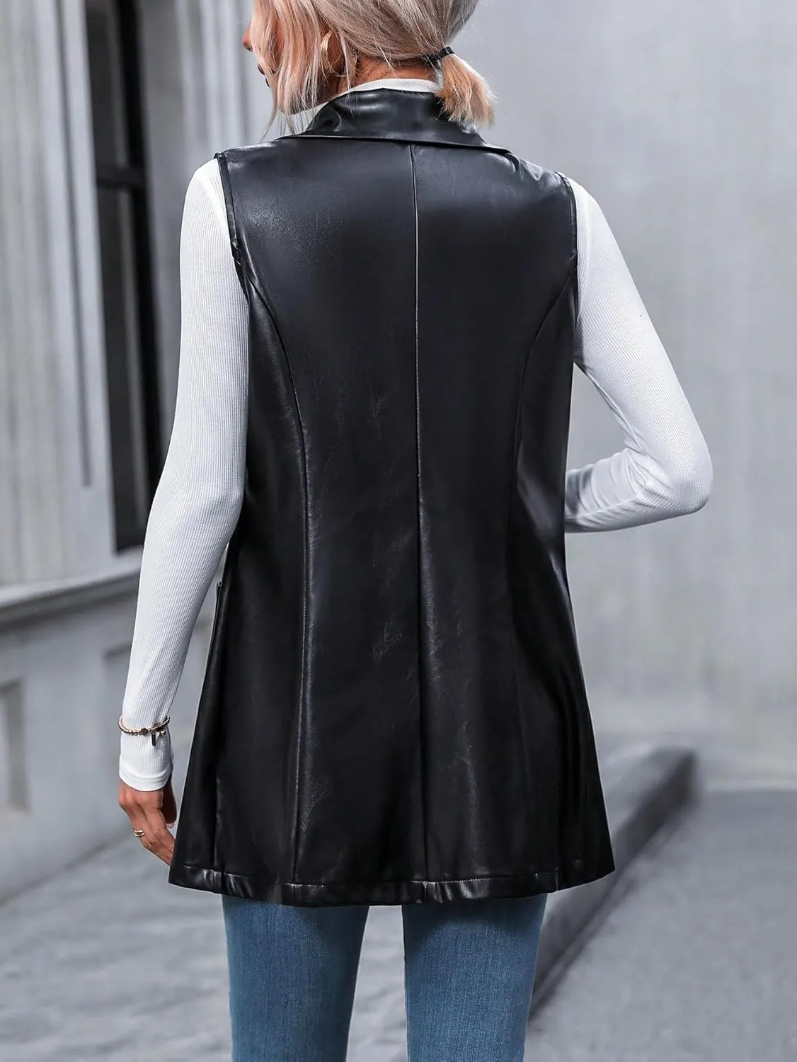 MakeMeChic Women's Faux Leather Vest Trendy Button Front Sleeveless Long Vest Blazer Jacket Coat