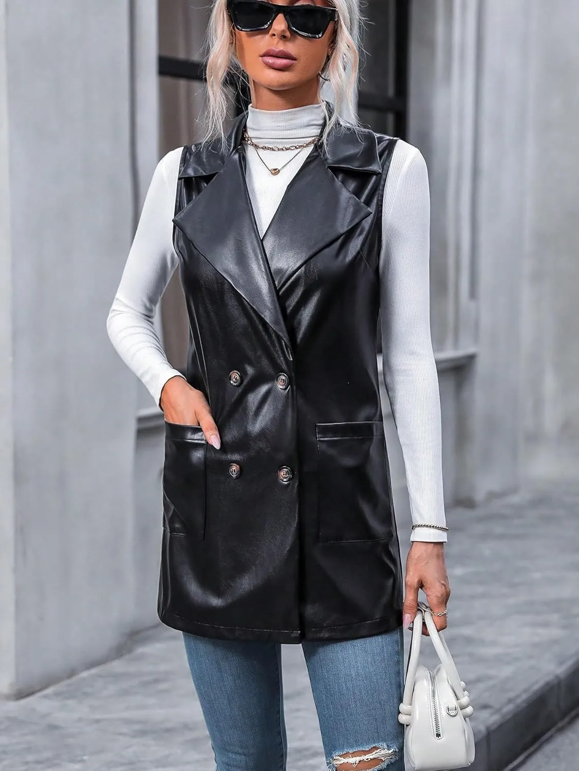 MakeMeChic Women's Faux Leather Vest Trendy Button Front Sleeveless Long Vest Blazer Jacket Coat