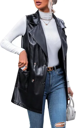 MakeMeChic Women's Faux Leather Vest Trendy Button Front Sleeveless Long Vest Blazer Jacket Coat