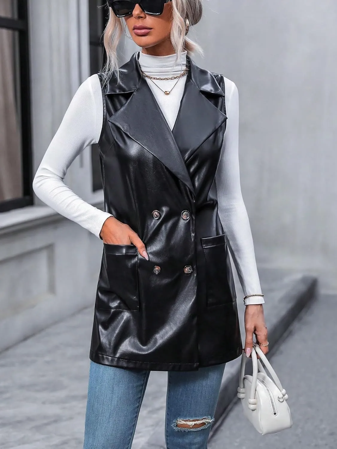 MakeMeChic Women's Faux Leather Vest Trendy Button Front Sleeveless Long Vest Blazer Jacket Coat