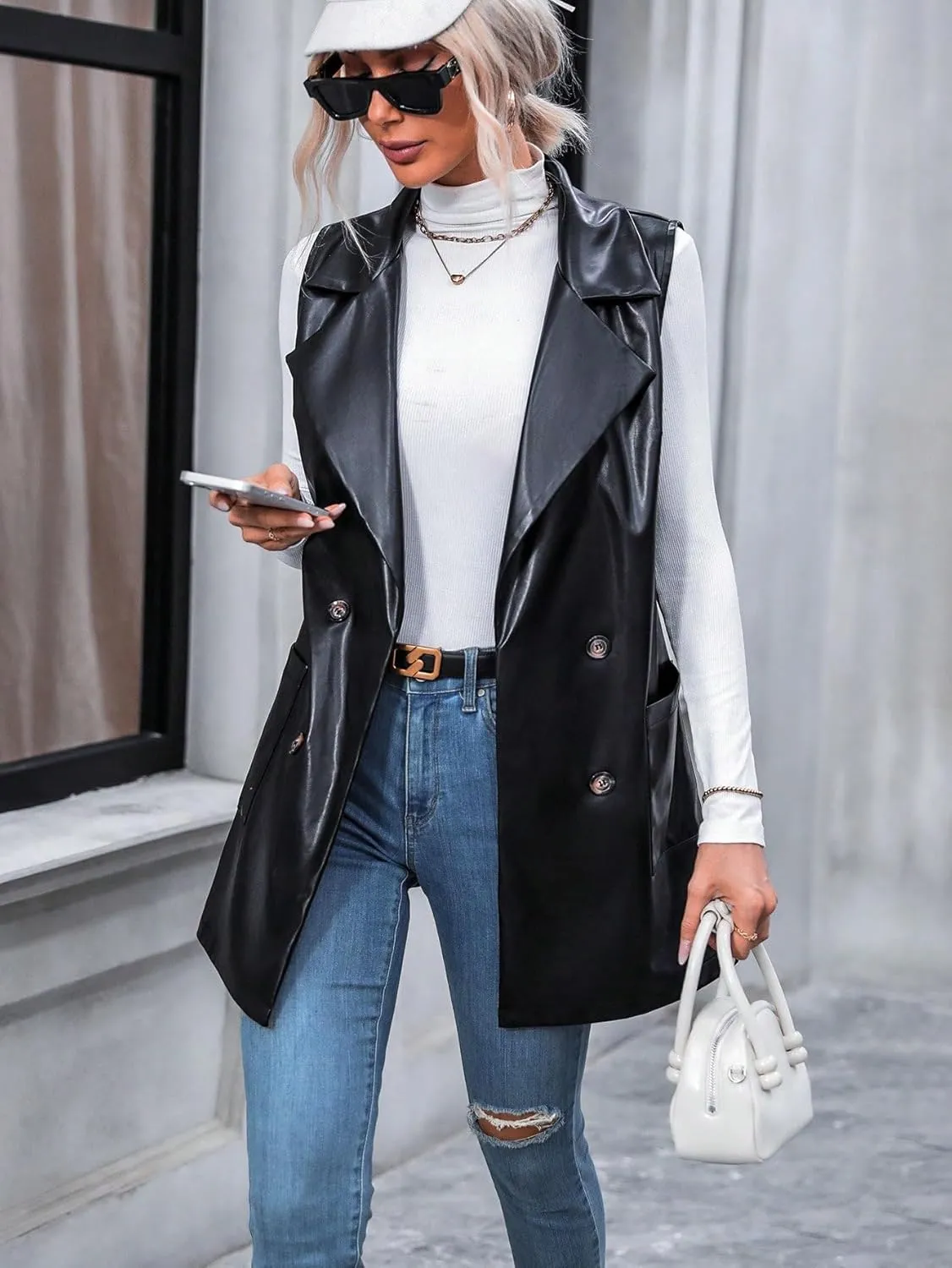 MakeMeChic Women's Faux Leather Vest Trendy Button Front Sleeveless Long Vest Blazer Jacket Coat