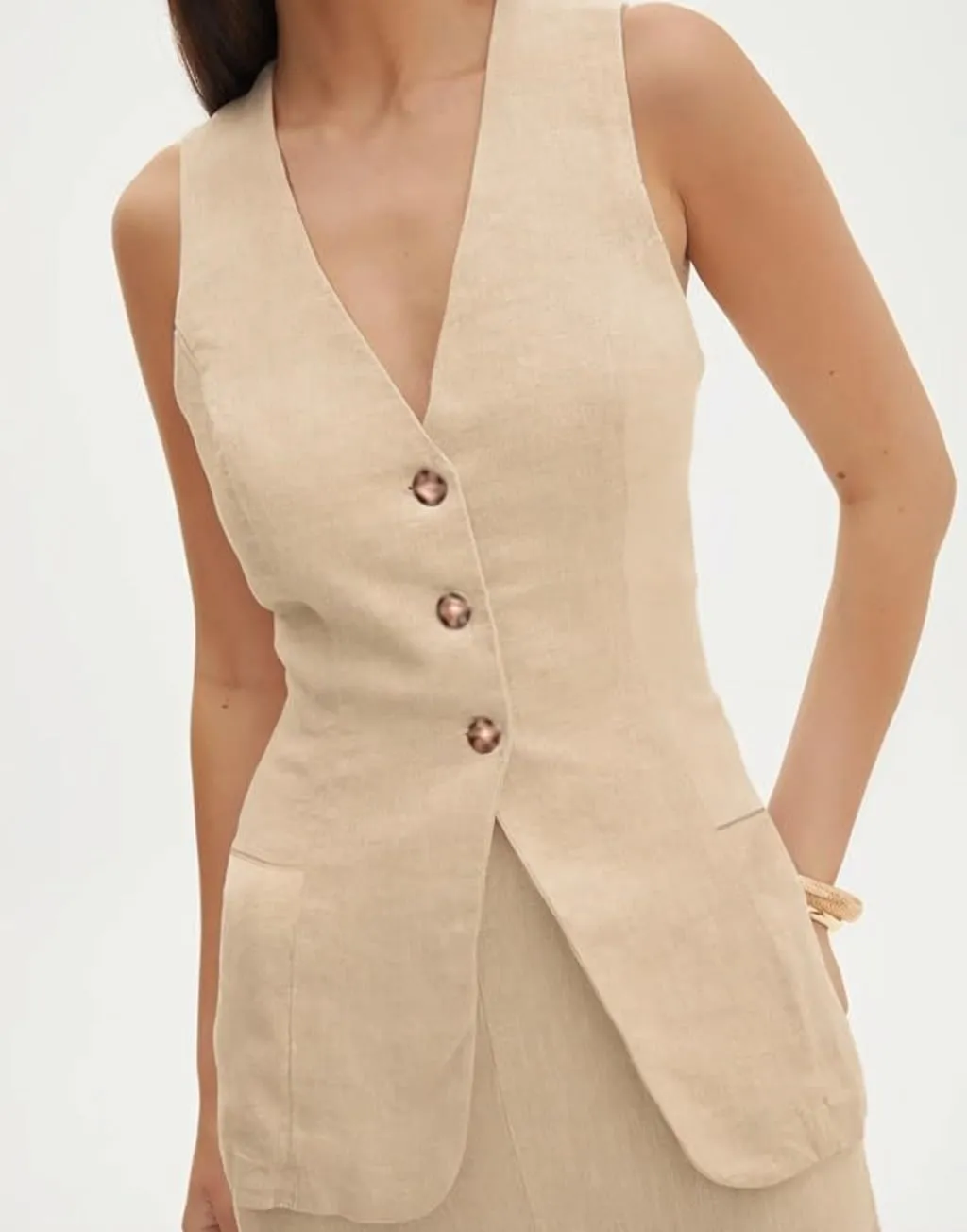Melliflo Womens Summer Long Linen Vest Casual Sleeveless V Neck Button Down Tops Casual Summer Vest with Pocket
