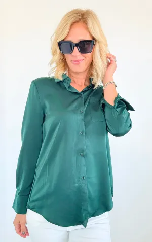 Midnight Forest Button Blouse Top-Hunter Green