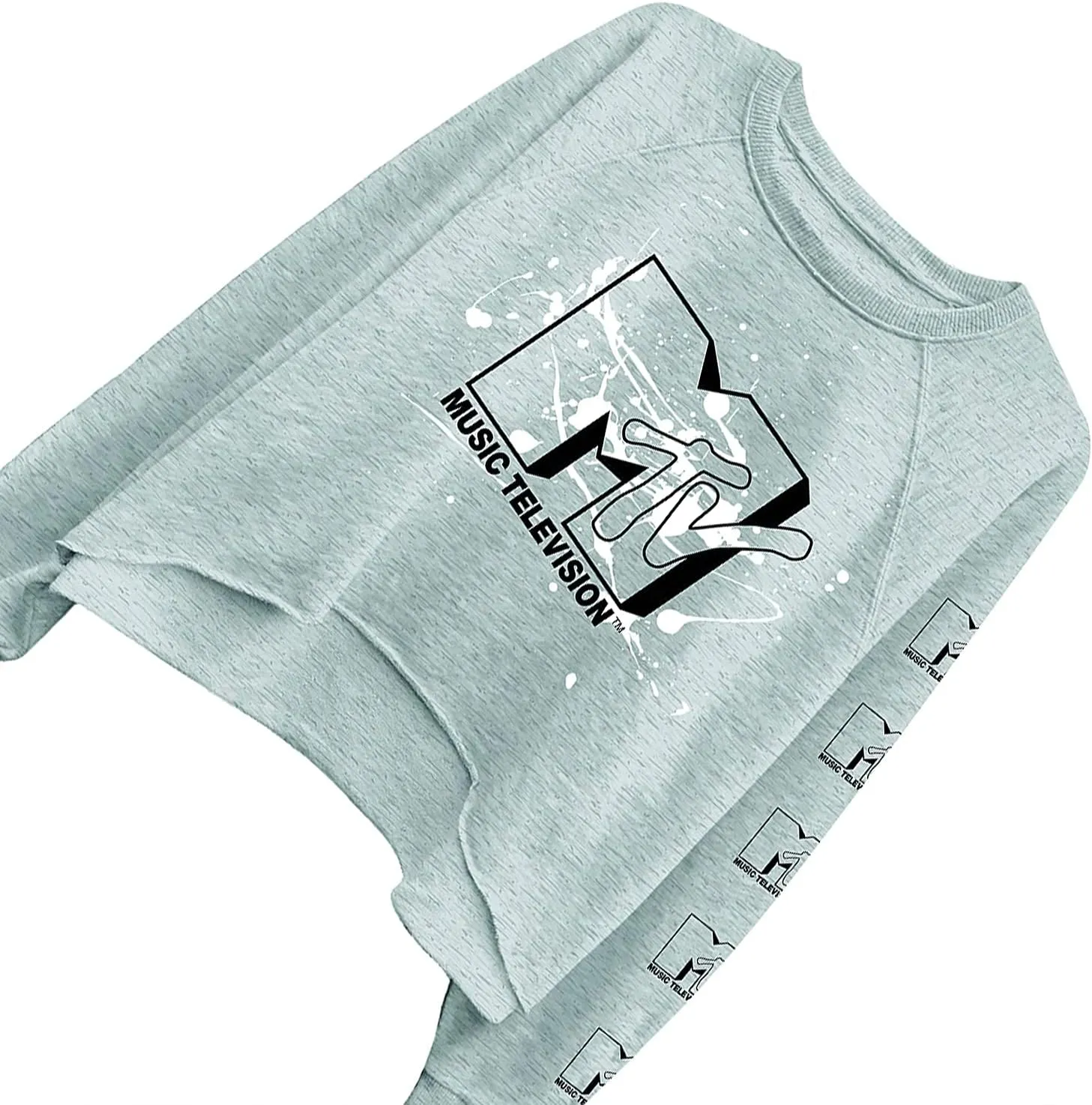 MTV Women's Long Sleeve Raglan Sweatshirt - Nostalgic 90s 'I Want My Print - Casual Raw Edge Fleece Pullover