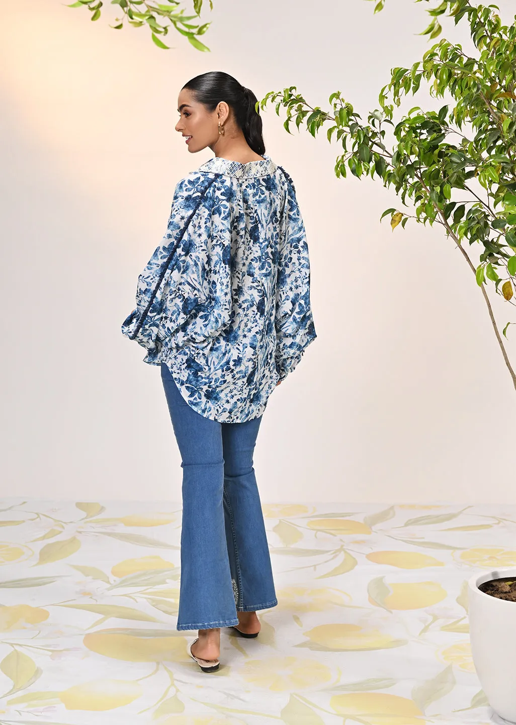 Noora Ocean Blue Printed Cotton Shirt for Women