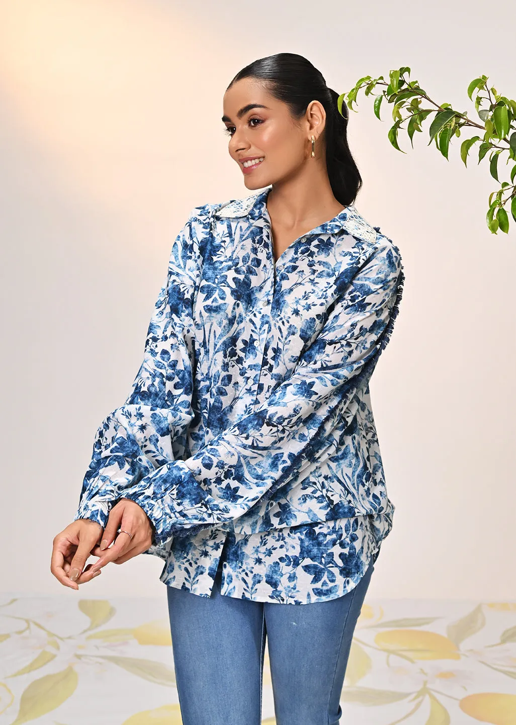 Noora Ocean Blue Printed Cotton Shirt for Women