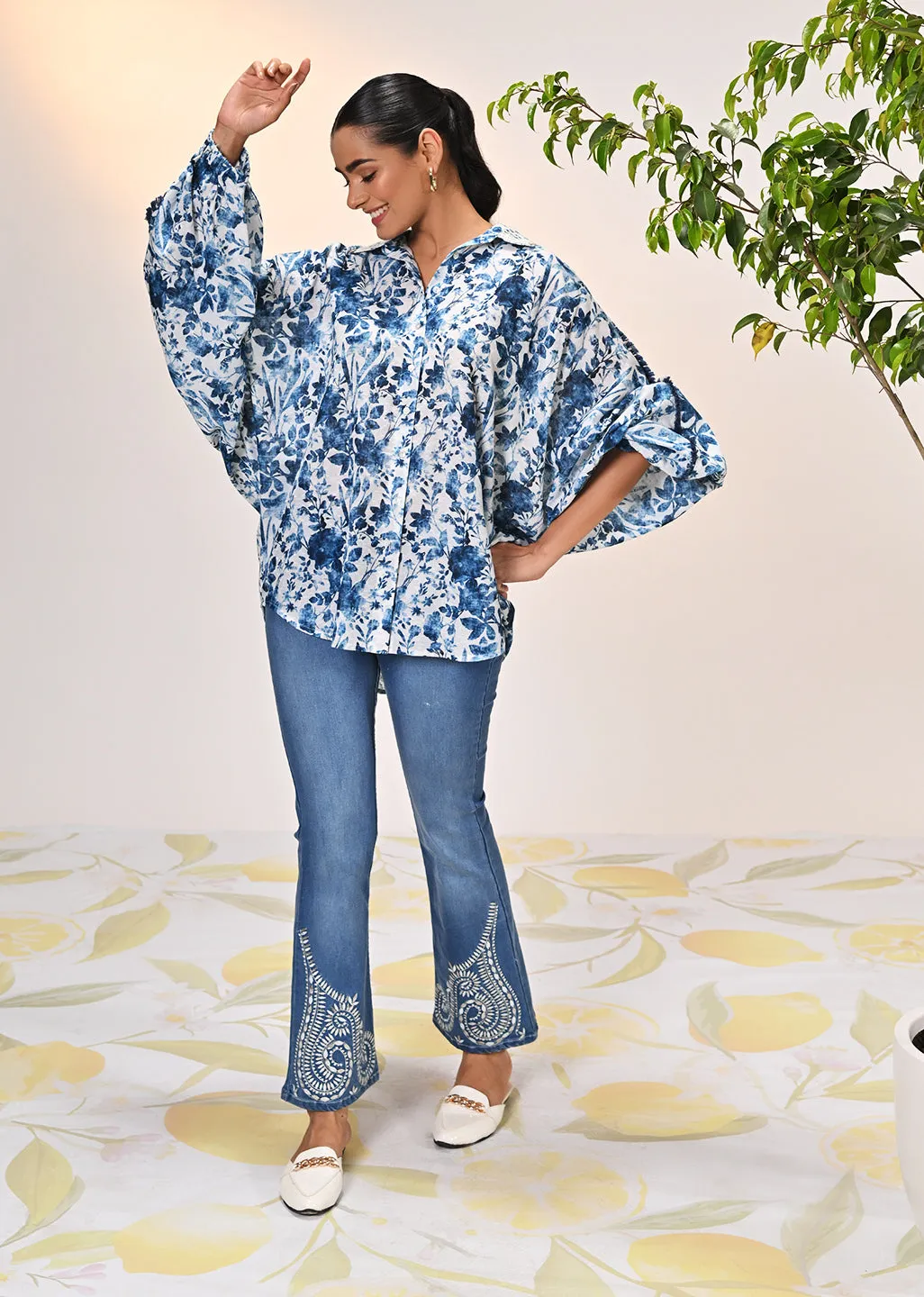 Noora Ocean Blue Printed Cotton Shirt for Women