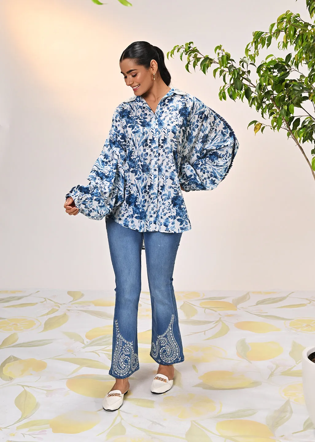 Noora Ocean Blue Printed Cotton Shirt for Women
