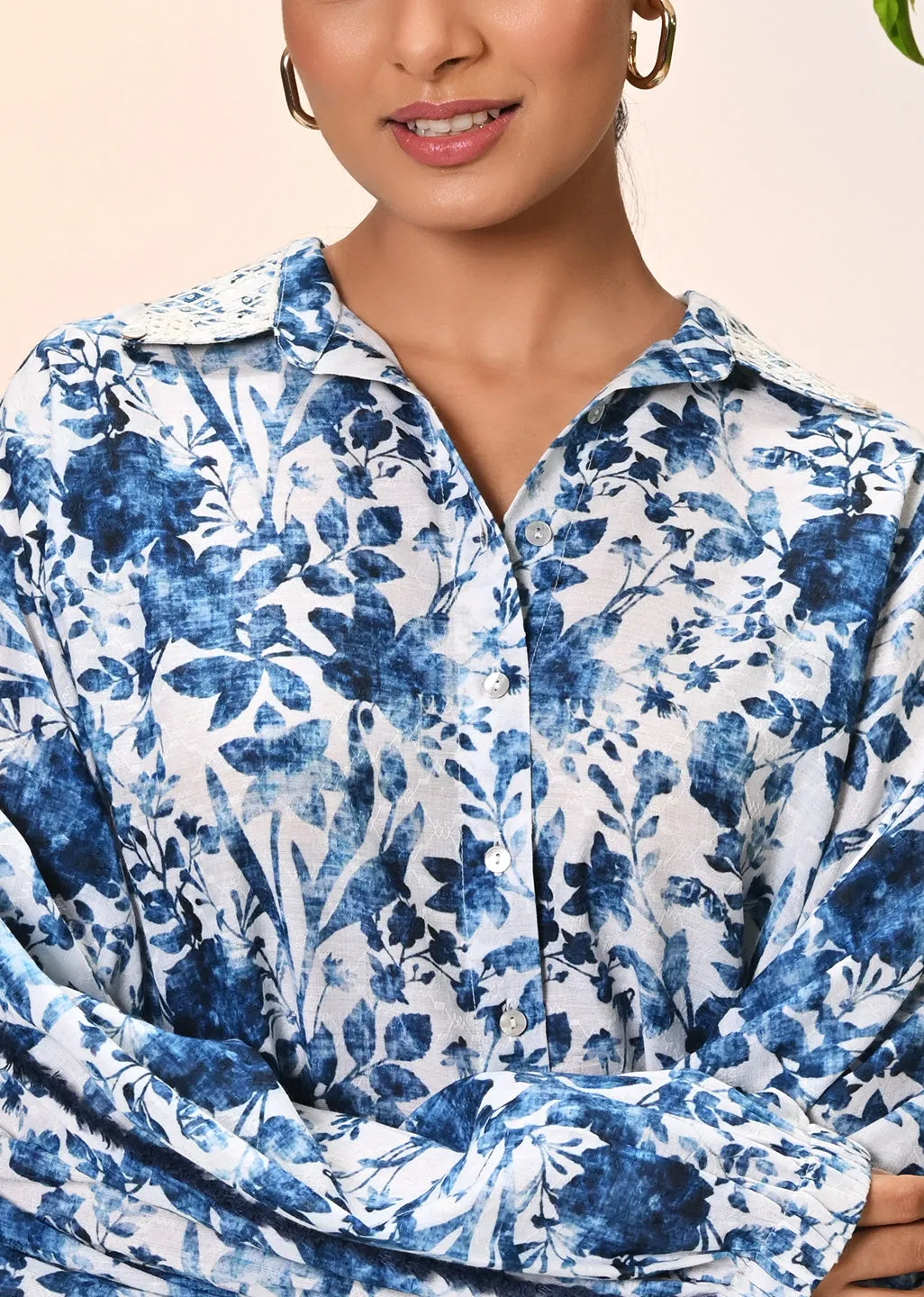 Noora Ocean Blue Printed Cotton Shirt for Women
