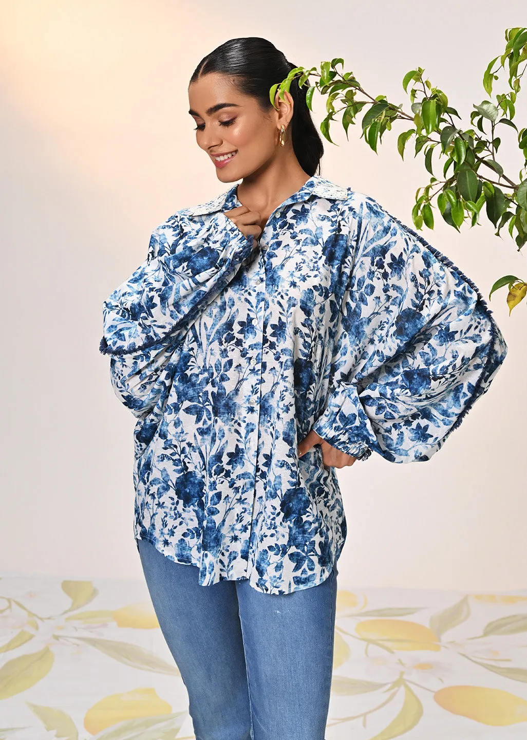 Noora Ocean Blue Printed Cotton Shirt for Women