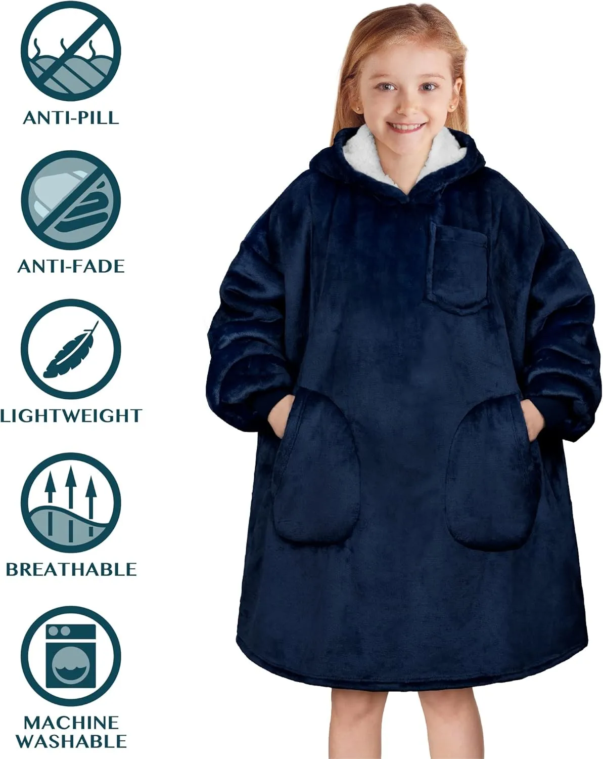 PAVILIA Wearable Blanket for Kids Boy Girl, Warm Cozy Giant Hoodie with Two Pockets, Fleece Sherpa Hooded Pullover for Teen
