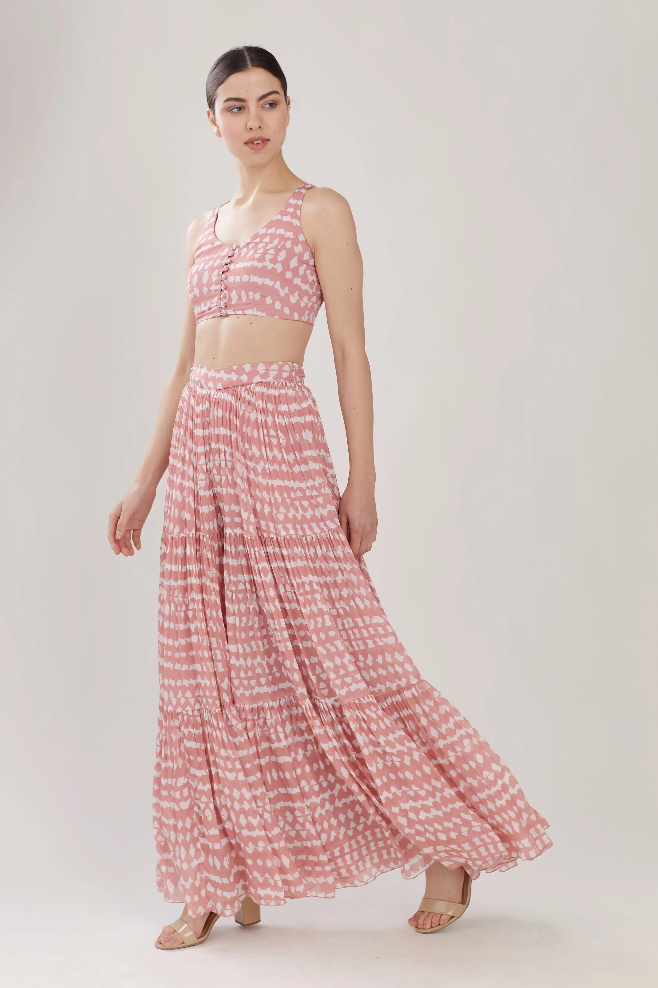 PINK AND WHITE ABSTRACT FLARED PANTS