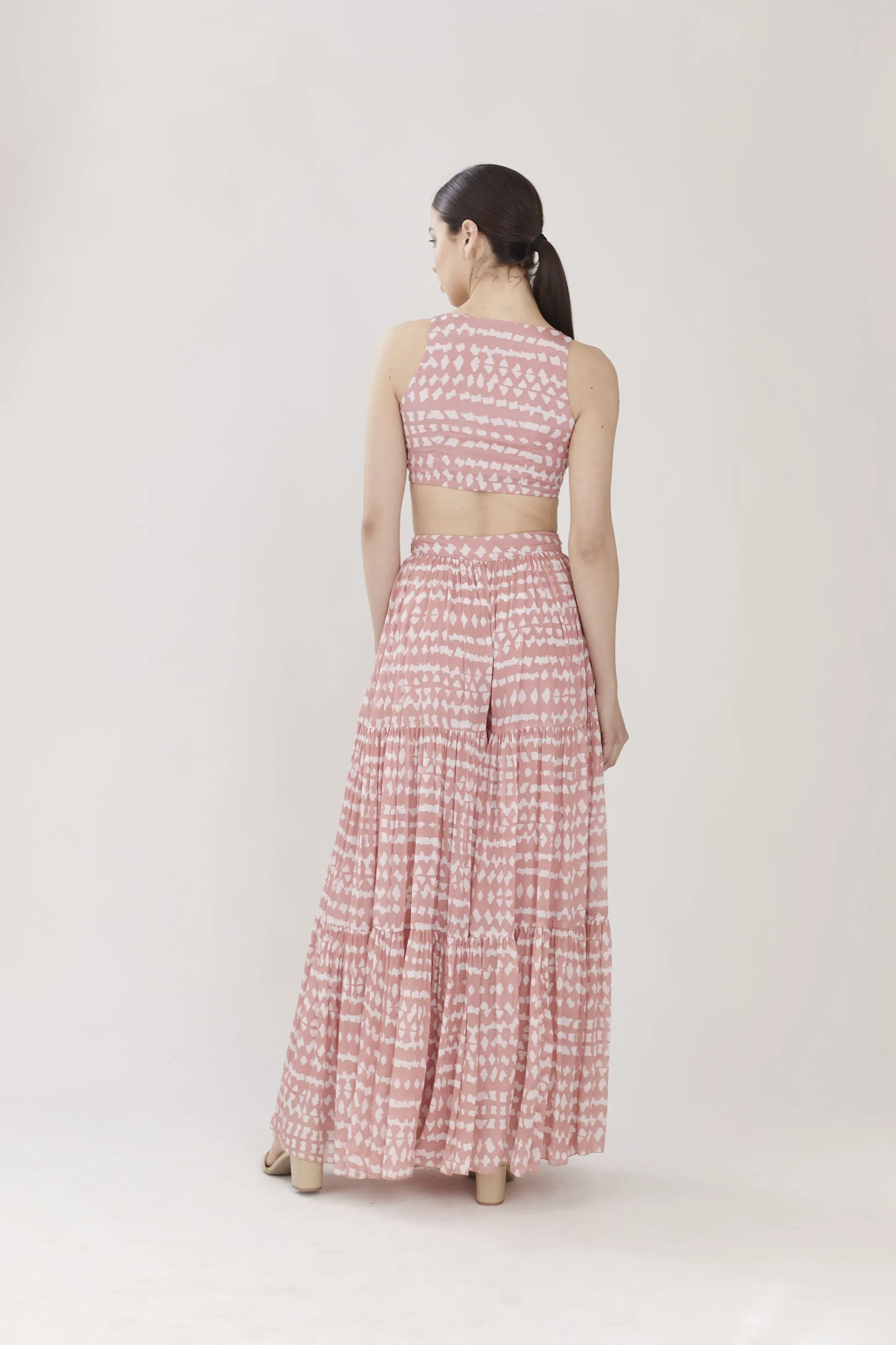 PINK AND WHITE ABSTRACT FLARED PANTS