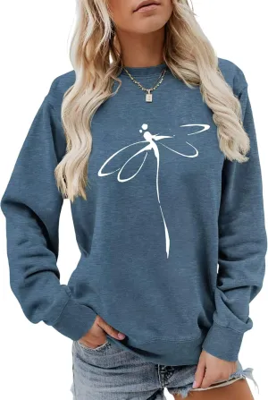 Pullover Sweatshirts for Women Dragonfly Print Long Sleeve Crewneck Sweatshirt Casual Cute Graphic Shirts Tops