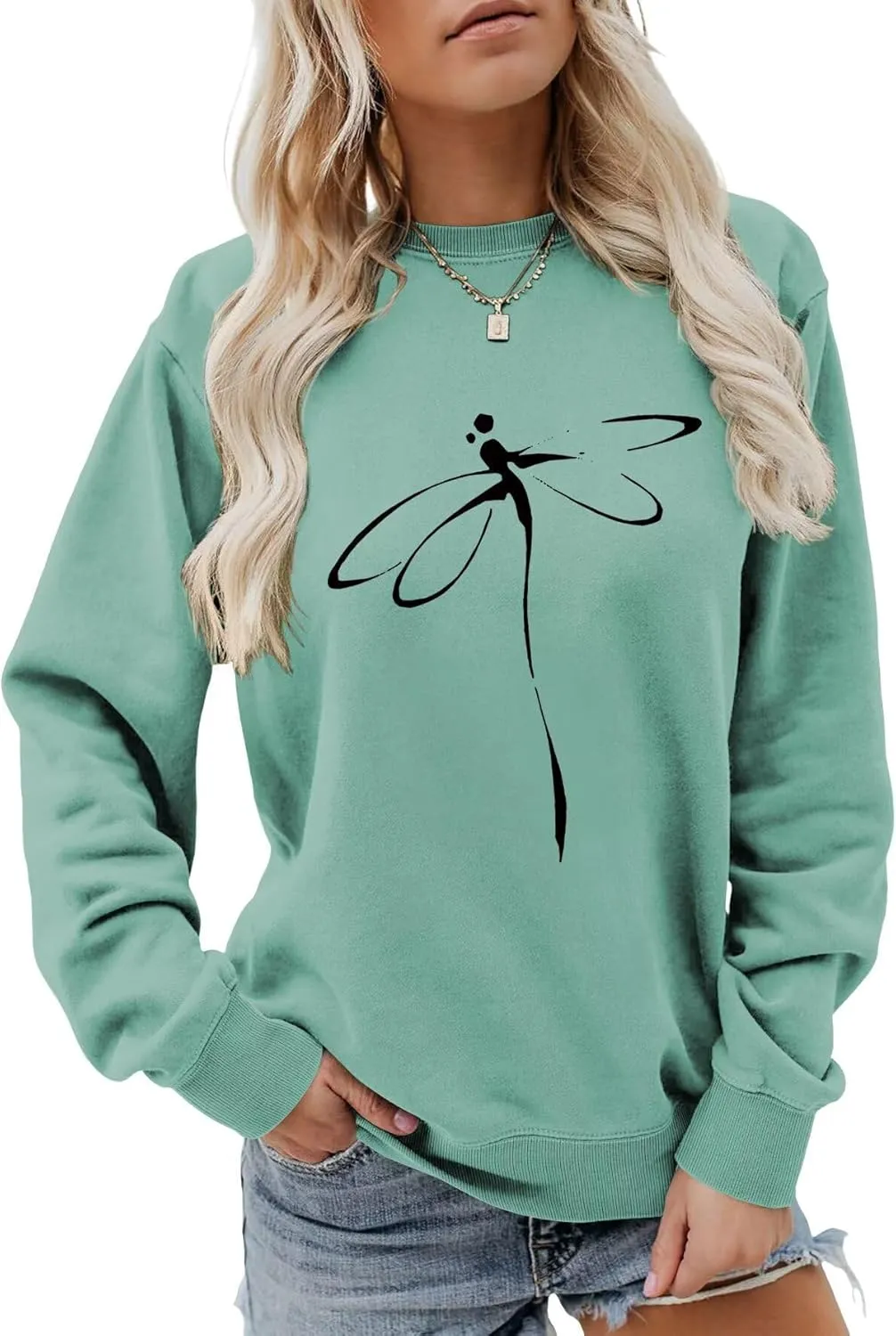 Pullover Sweatshirts for Women Dragonfly Print Long Sleeve Crewneck Sweatshirt Casual Cute Graphic Shirts Tops