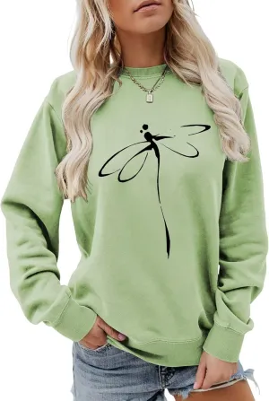 Pullover Sweatshirts for Women Dragonfly Print Long Sleeve Crewneck Sweatshirt Casual Cute Graphic Shirts Tops