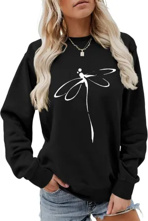 Pullover Sweatshirts for Women Dragonfly Print Long Sleeve Crewneck Sweatshirt Casual Cute Graphic Shirts Tops