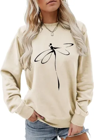 Pullover Sweatshirts for Women Dragonfly Print Long Sleeve Crewneck Sweatshirt Casual Cute Graphic Shirts Tops