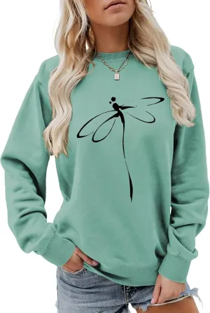 Pullover Sweatshirts for Women Dragonfly Print Long Sleeve Crewneck Sweatshirt Casual Cute Graphic Shirts Tops