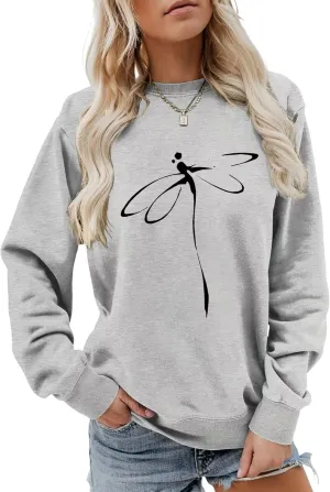 Pullover Sweatshirts for Women Dragonfly Print Long Sleeve Crewneck Sweatshirt Casual Cute Graphic Shirts Tops