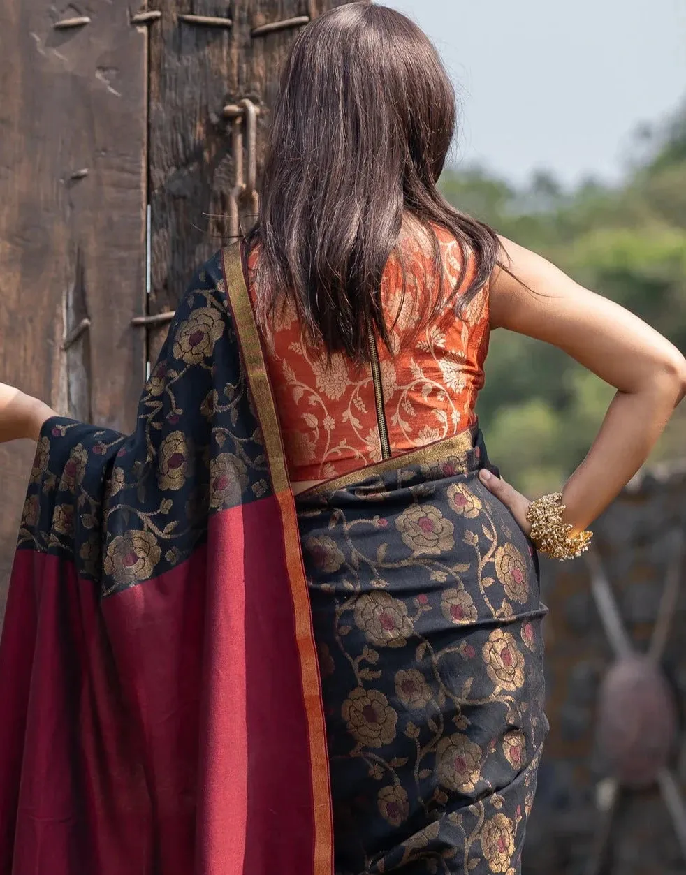 Readymade Ravishing Rust Blouse With Golden Zari Detailing